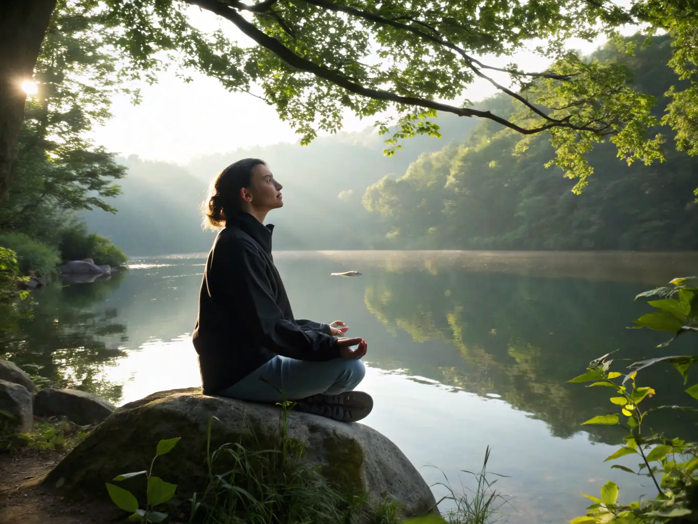 A person meditating in a serene environment, representing health and well-being. The image should be calming and promote a sense of peace and balance.
