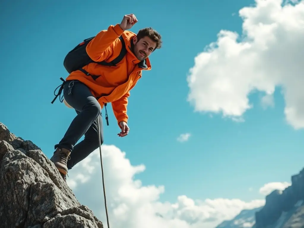 A person climbing a mountain, symbolizing motivation and overcoming challenges. The image should be vibrant and inspiring, reflecting the 'Glory Life' brand.